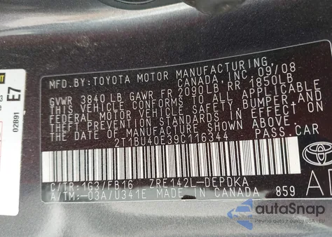 2009 Toyota Corolla Le z USA, uszkodzony, nr VIN 2T1BU40E39C116344